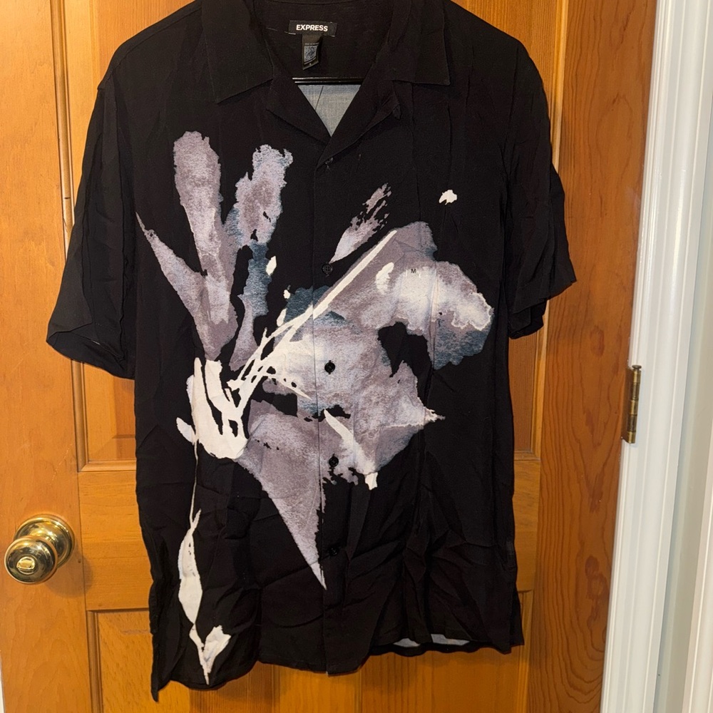 Express Men's Black Shirt with Abstract White Design